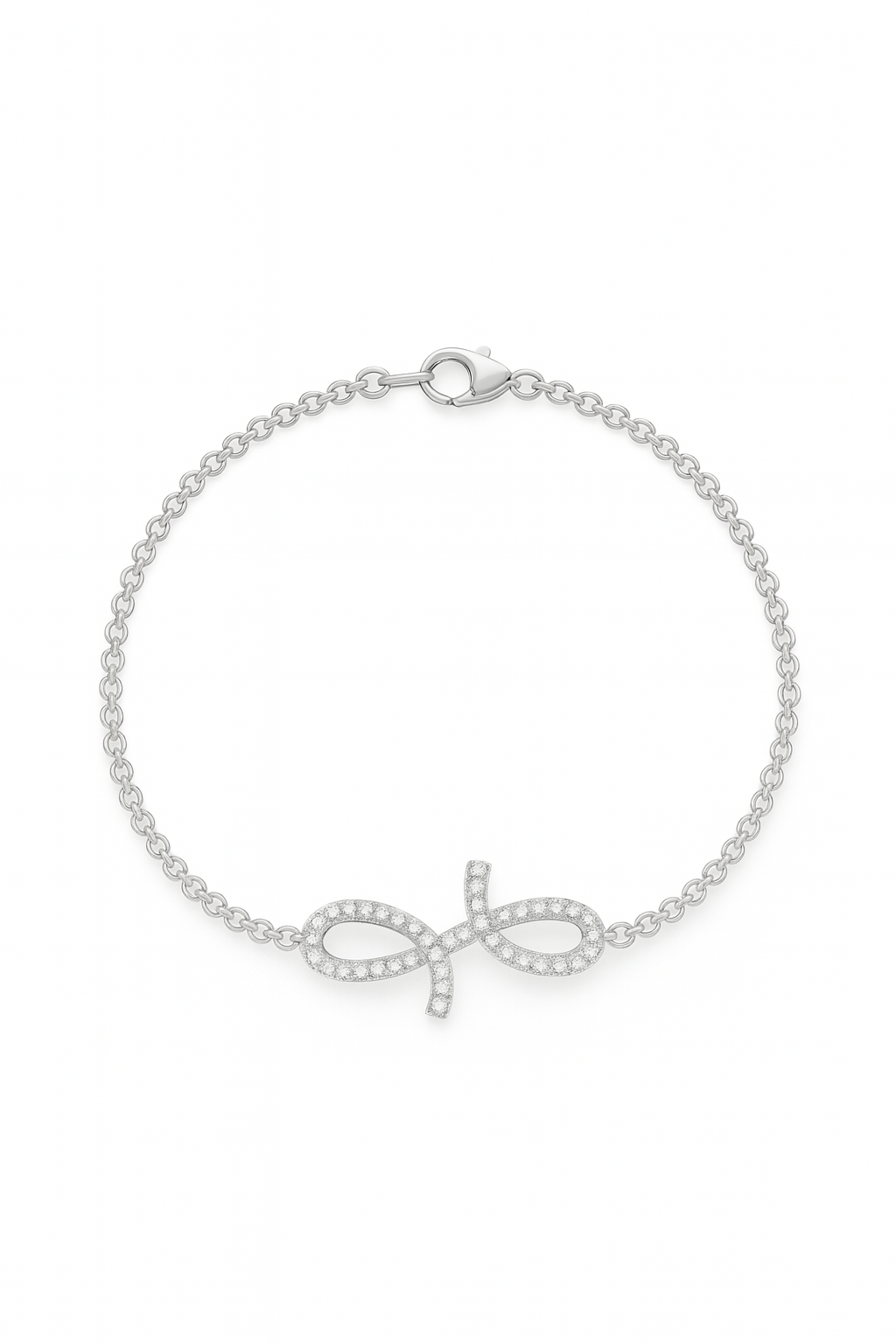 Silver bracelet with bow design on a white background