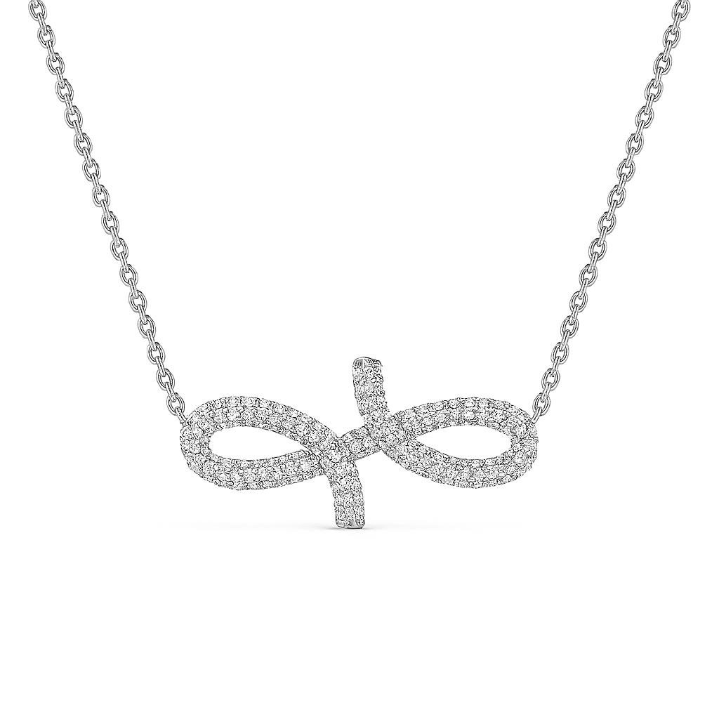 Silver infinity necklace on a white background