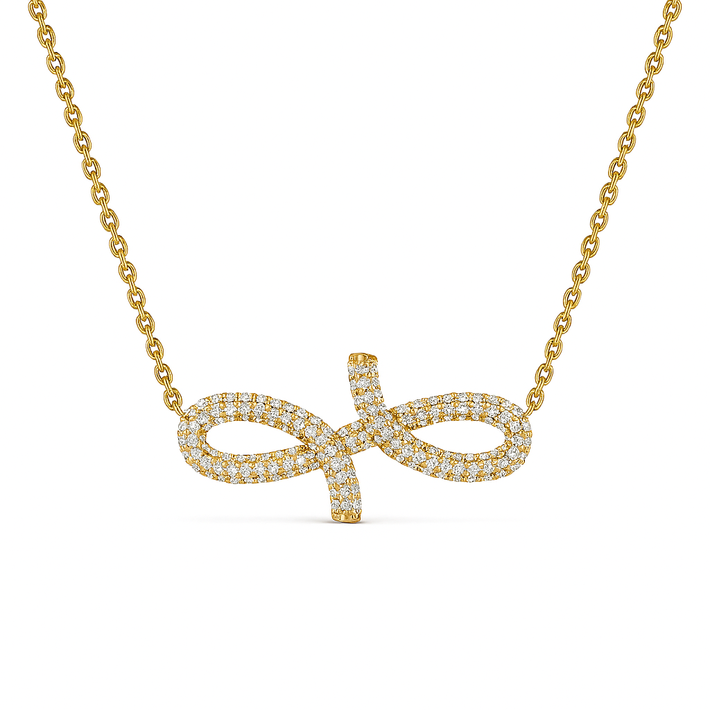 Gold necklace with an infinity symbol pendant on a white background