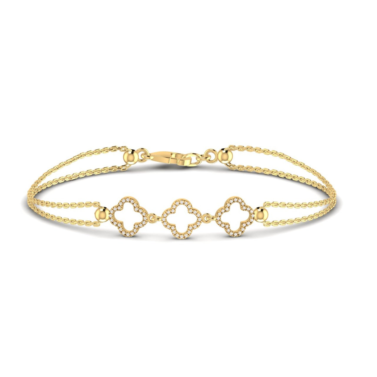 An 18 karat gold bracelet featuring a geometric pattern with three clovers, adorned with diamonds.