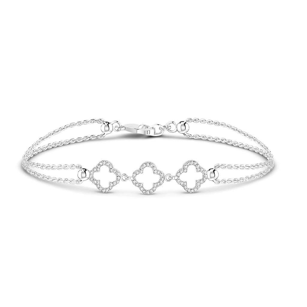 Silver bracelet with diamond-shaped links on a white background