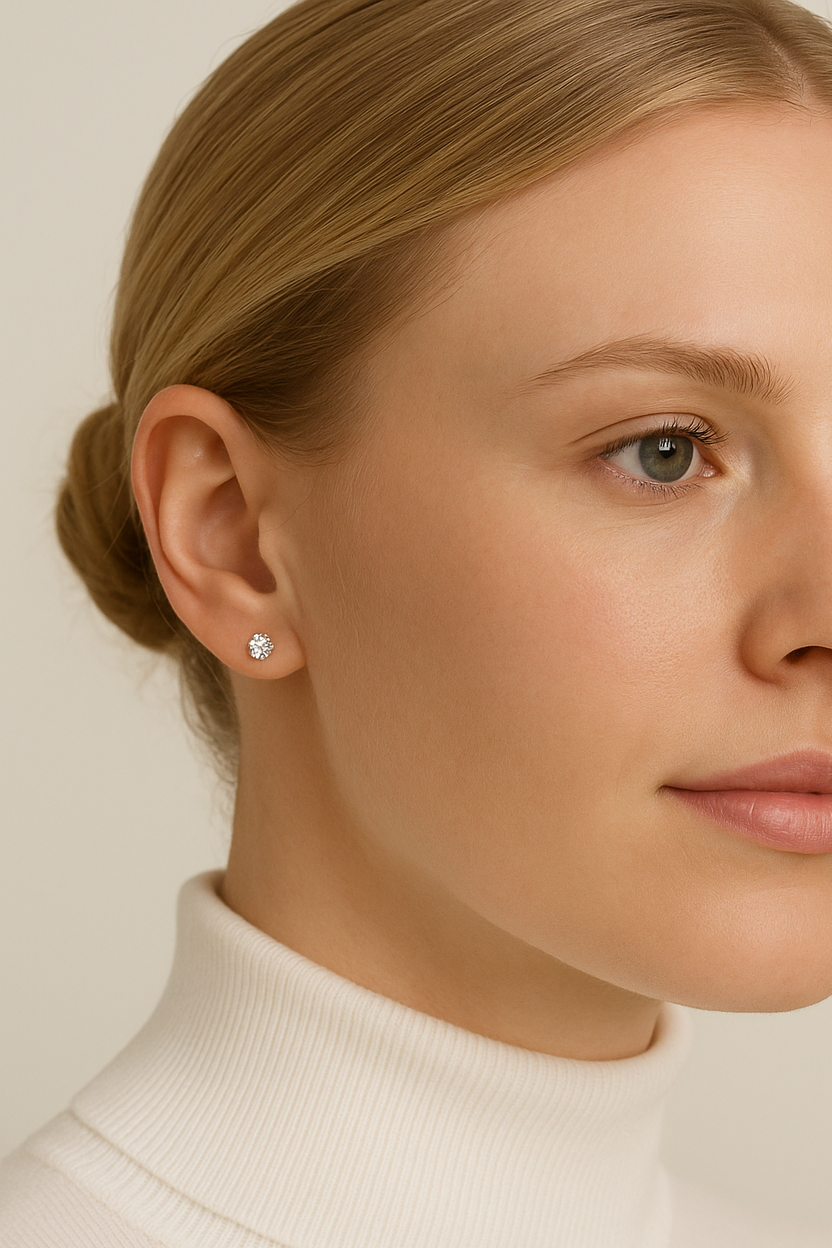 Woman wearing a white turtleneck and diamond earrings against a neutral background