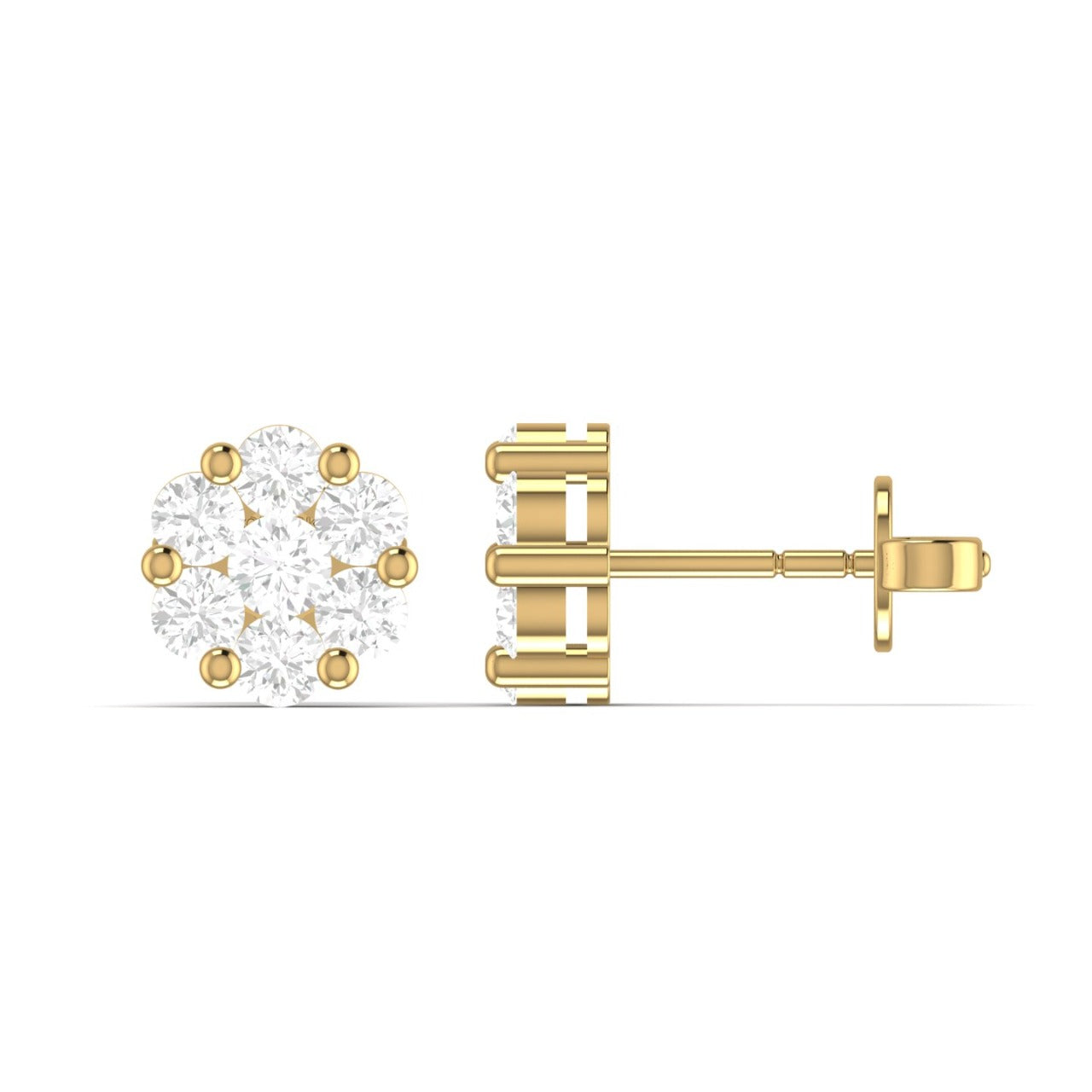 A pair of 18 karat gold diamond stud earrings with a clear and yellow gold setting.