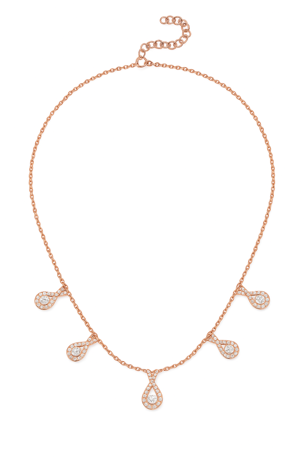 Rose gold necklace with teardrop-shaped pendants on a white background