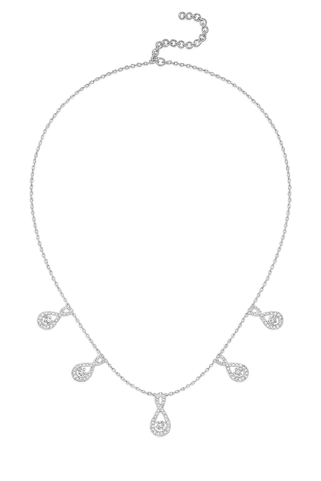 Silver necklace with teardrop-shaped pendants on a white background