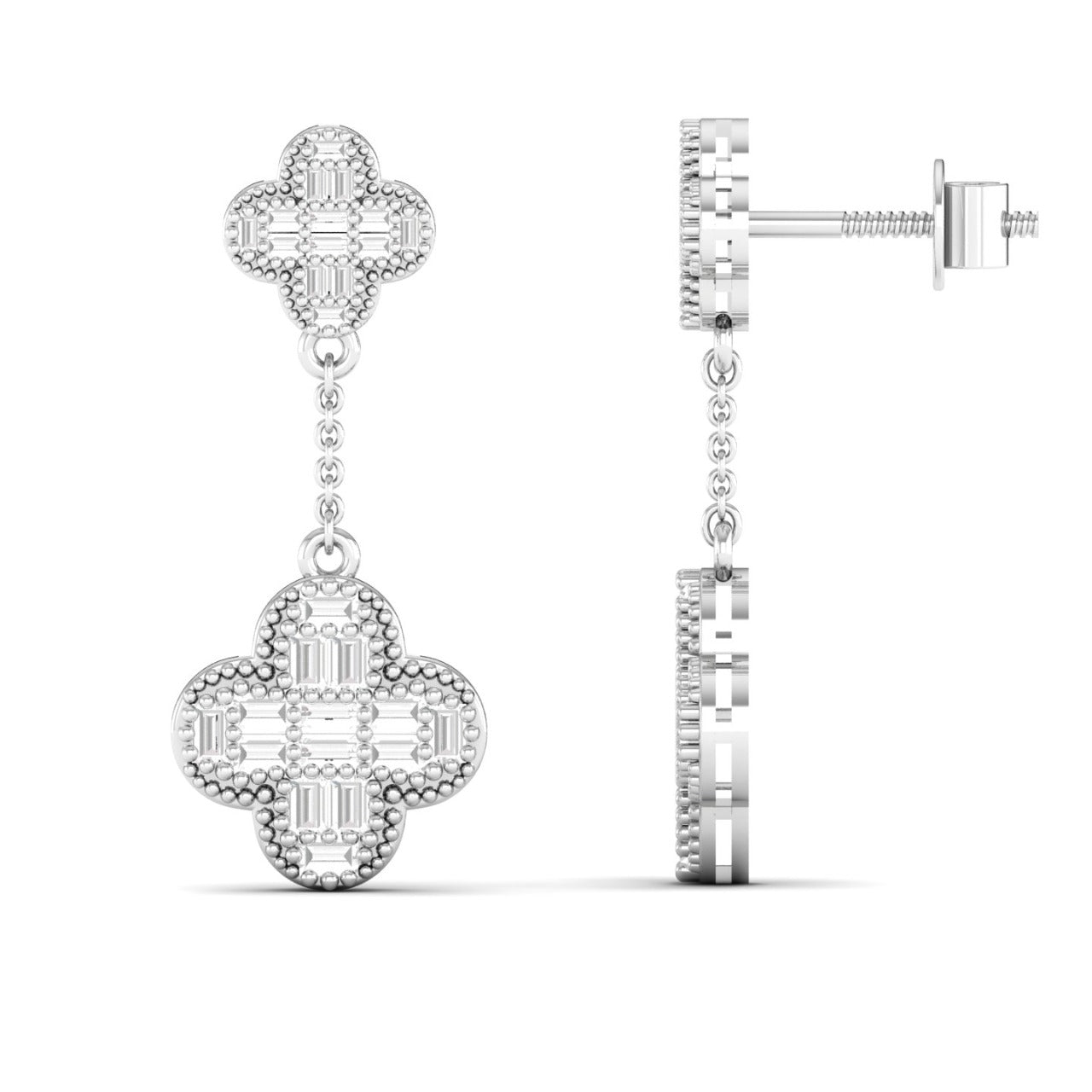 Baguette Clover Drop Diamond Earrings 18K Gold