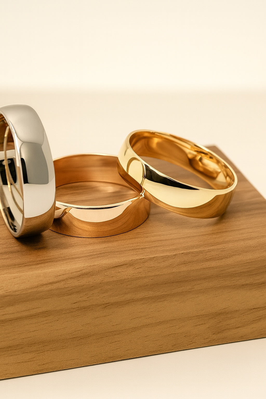 Three gold rings on a wooden surface with a beige background