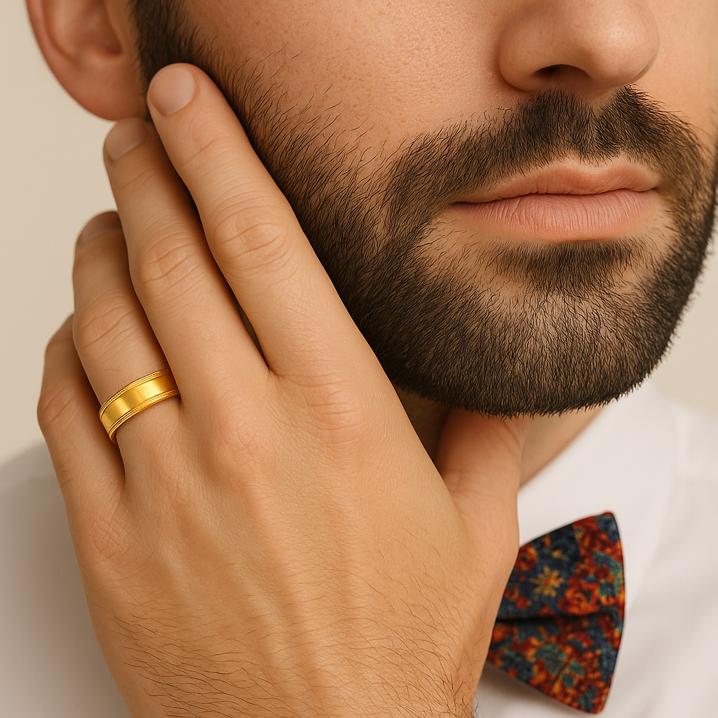 Close-up of a man's hand with a gold ring, touching his beard, wearing a colorful bow tie.