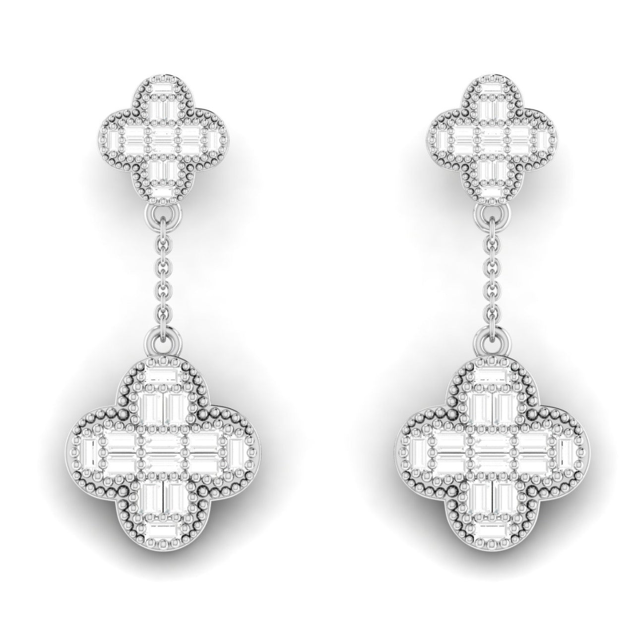Baguette Clover Drop Diamond Earrings 18K Gold