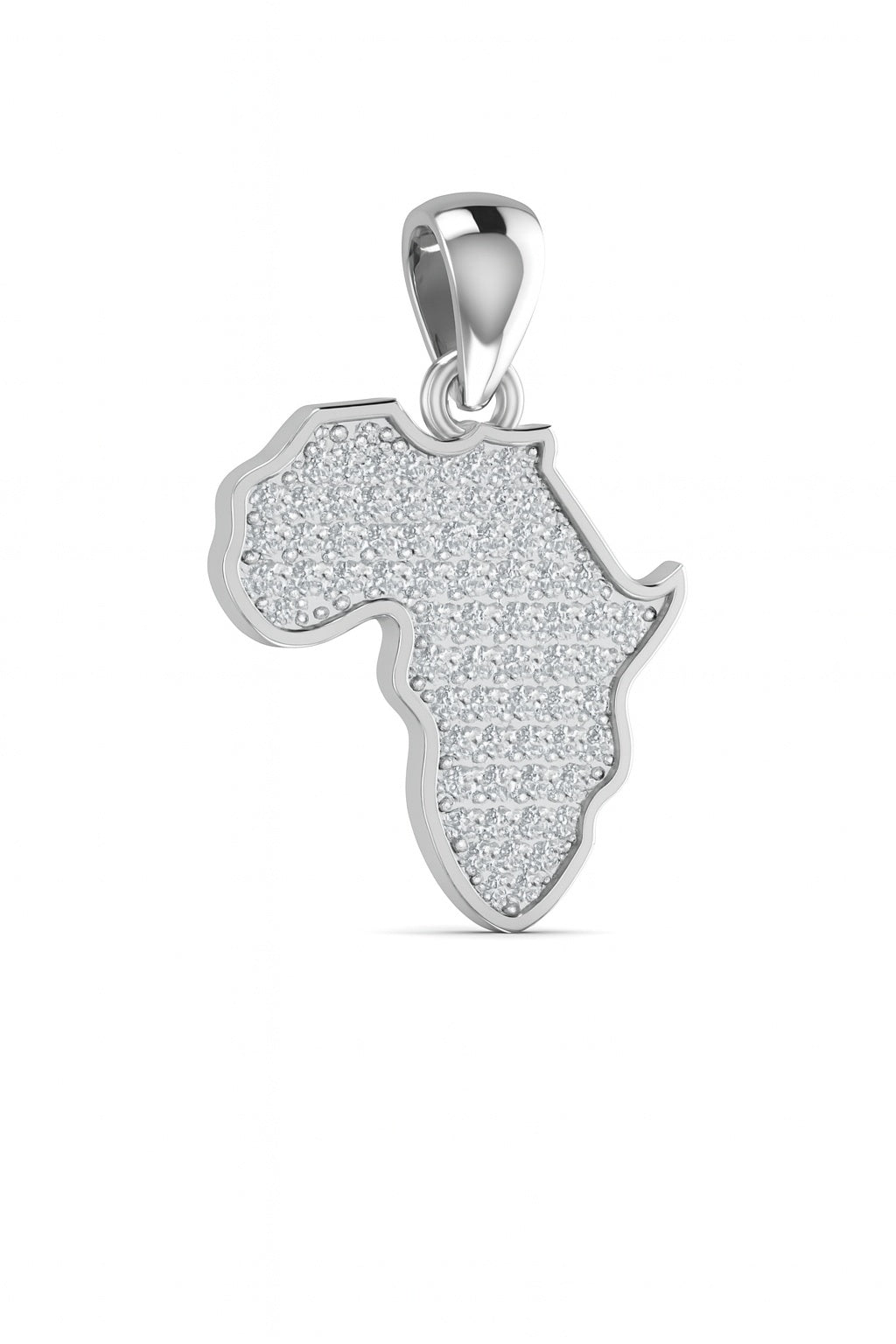 Silver pendant shaped like a map of Africa on a white background