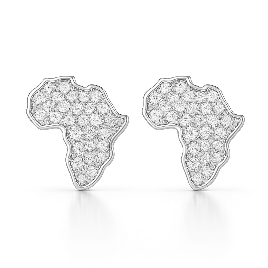 Diamond Africa map earrings on a white background