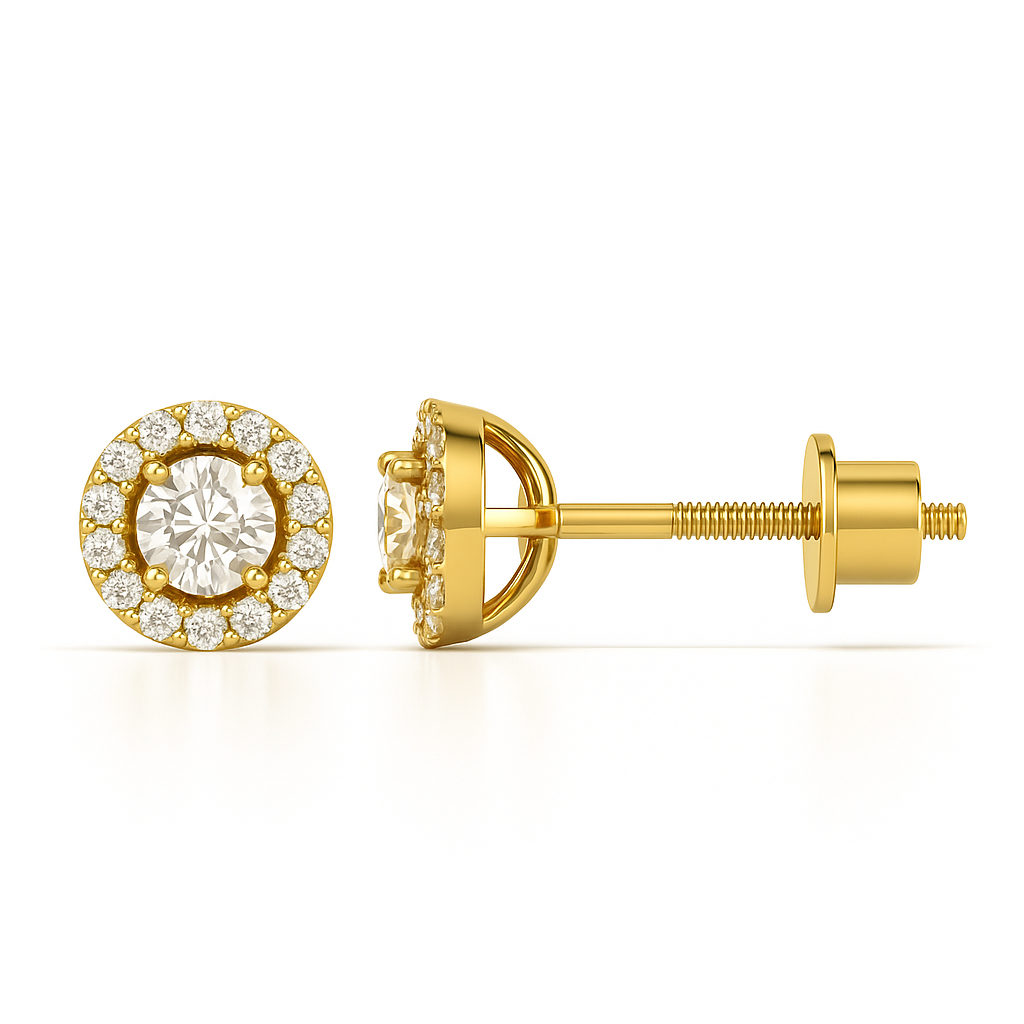 Gold earrings with round gemstones on a white background