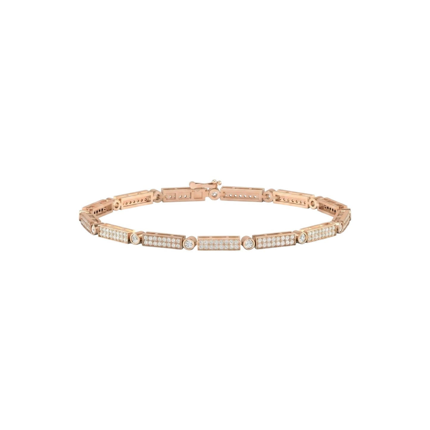 Rose gold bracelet with embedded diamonds on a white background