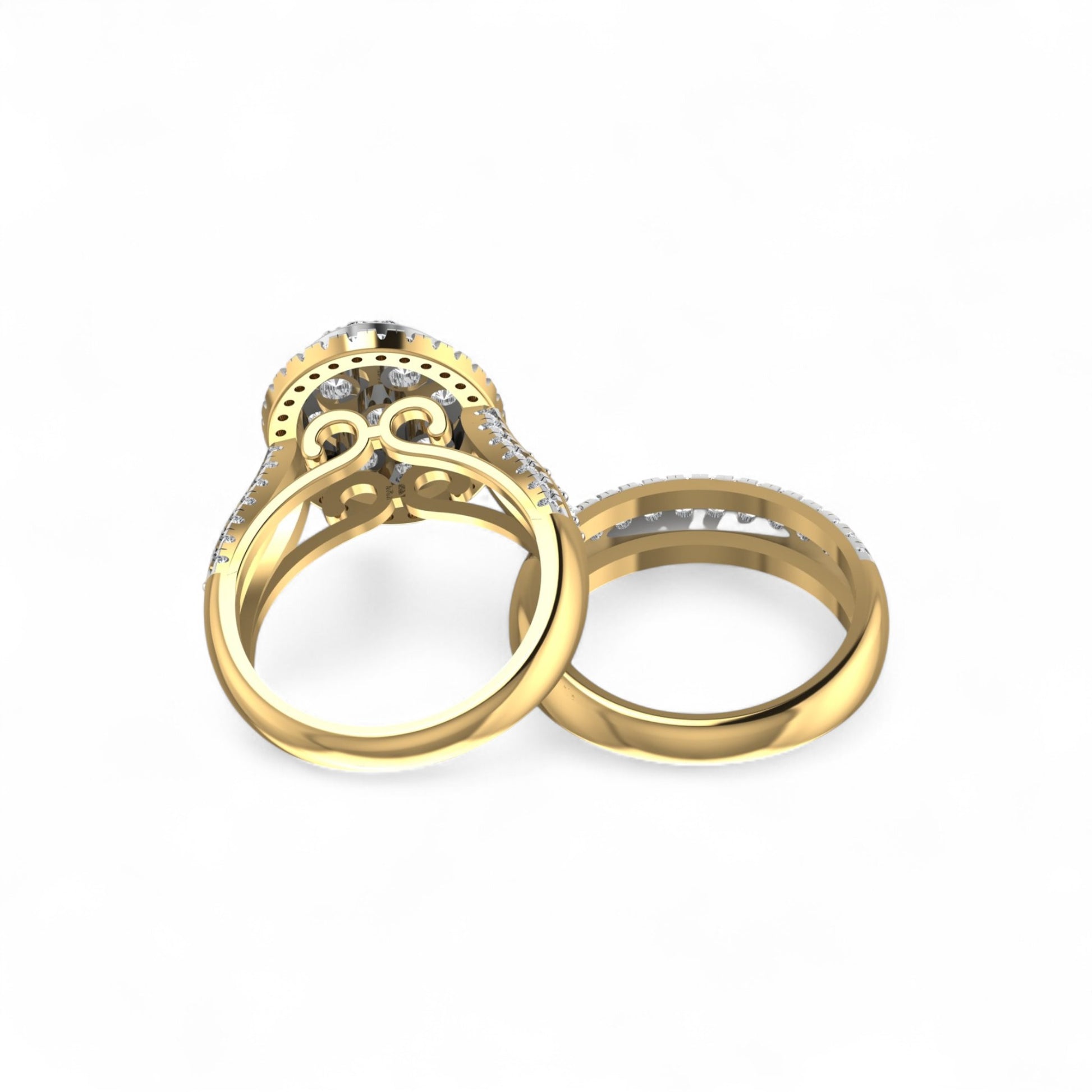Two gold rings with diamond accents on a white background