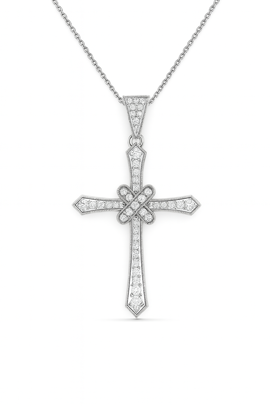Silver cross pendant necklace on a white background