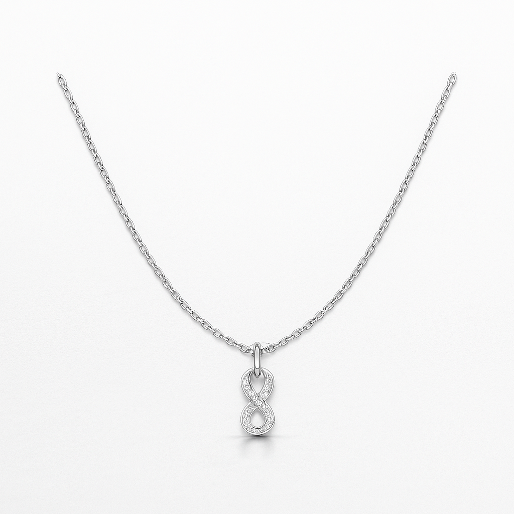 Silver infinity necklace on a white background