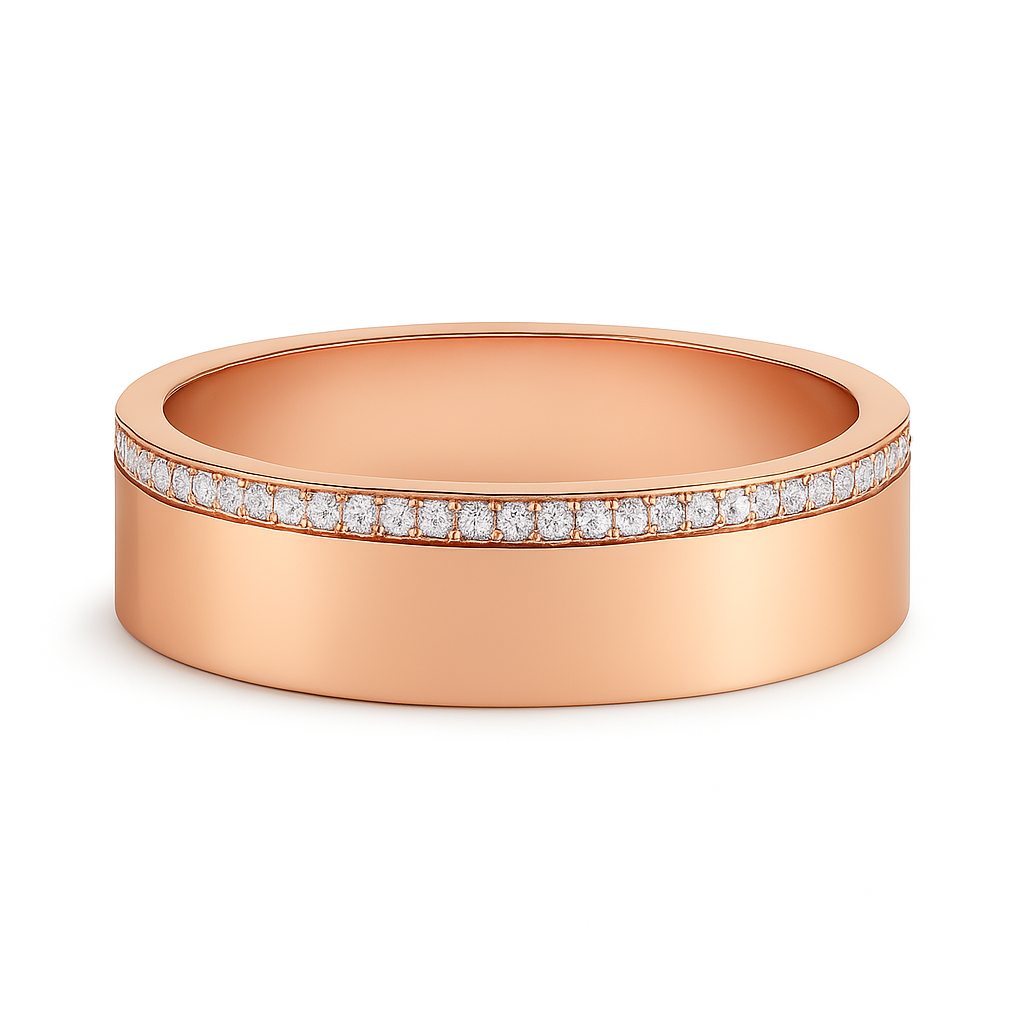 Rose gold ring with diamond accents on a white background