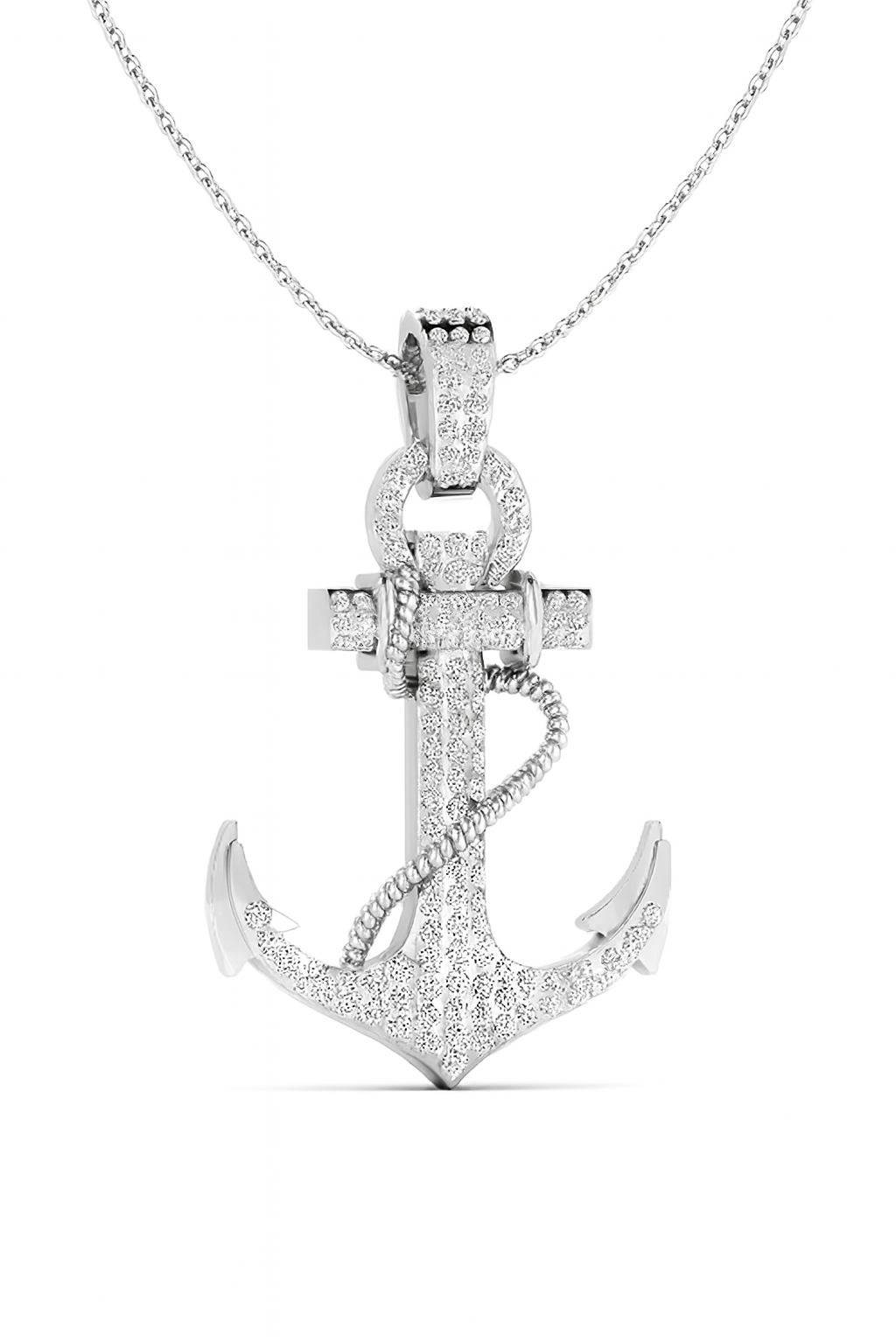 Silver anchor pendant necklace on a white background