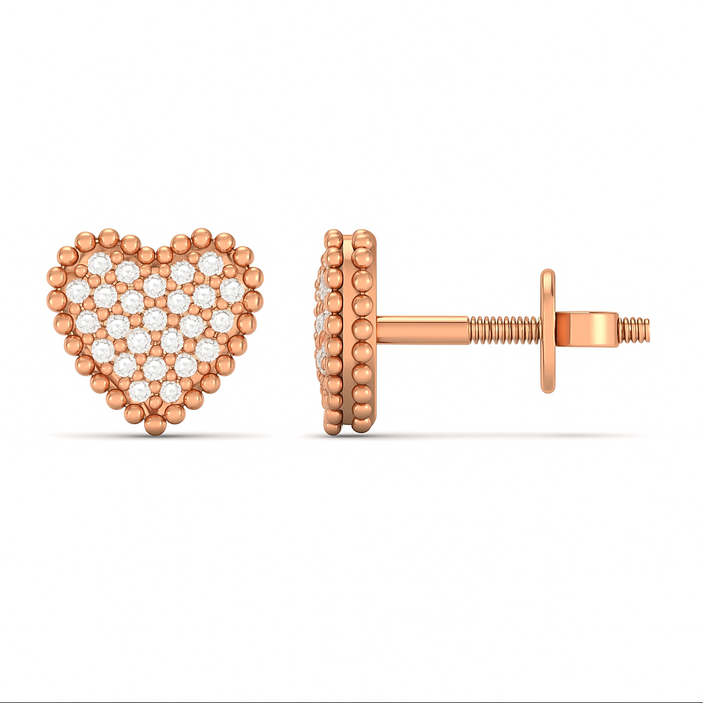 Rose gold heart-shaped earrings with embedded diamonds on a white background