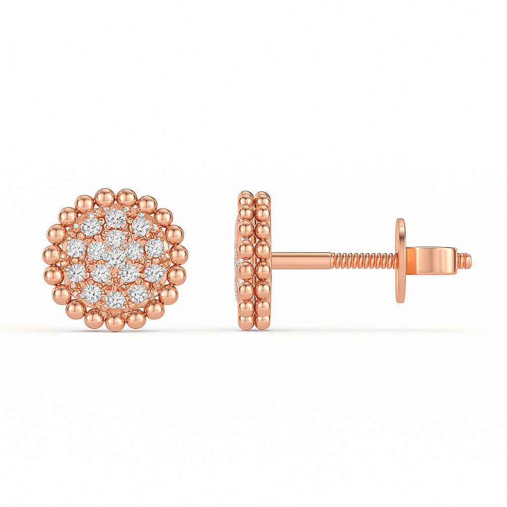 Rose gold earrings with diamond-studded design on a white background