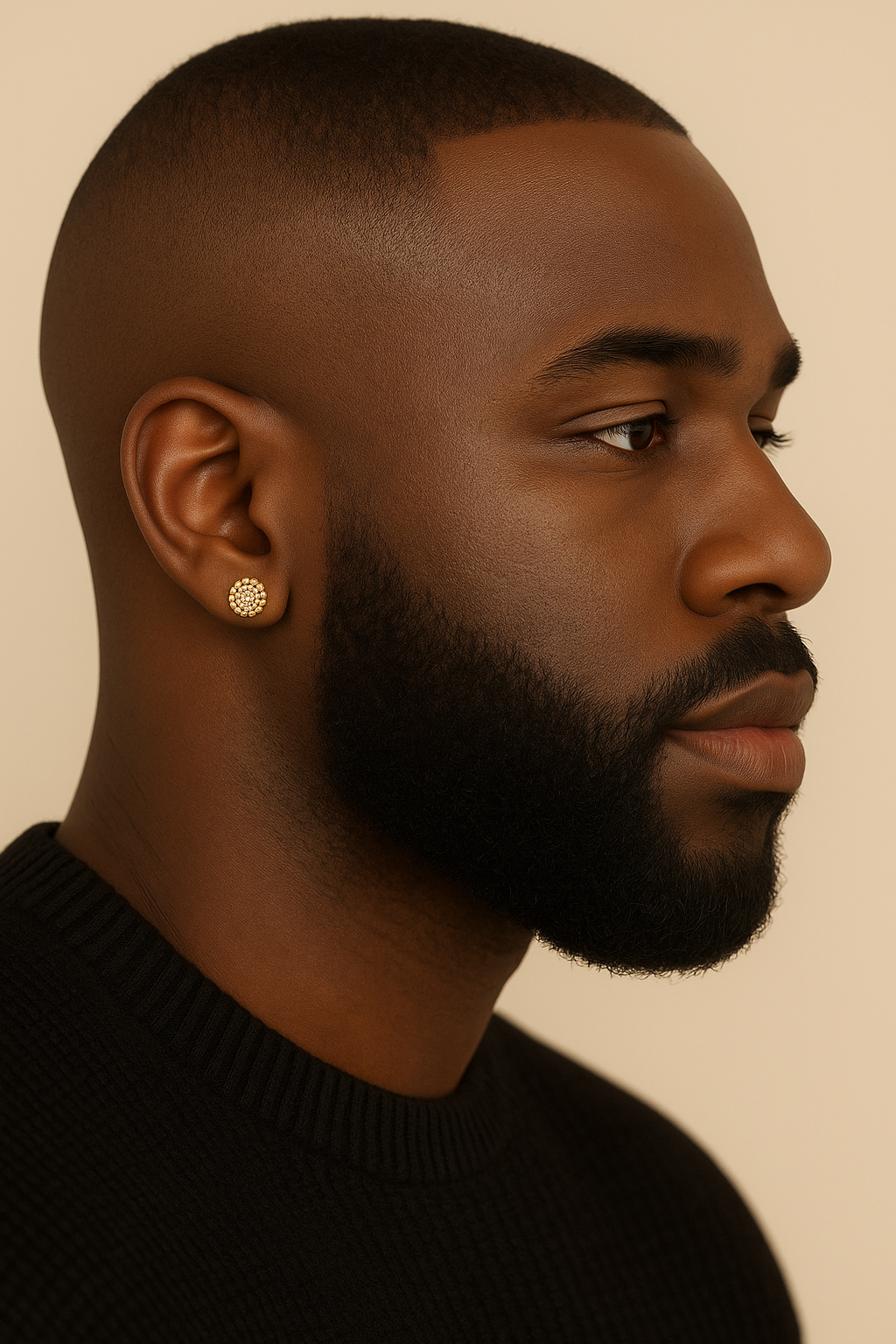 Man wearing a gold earring against a beige background