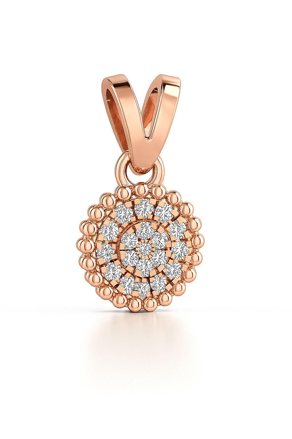 Rose gold pendant with intricate design on a white background