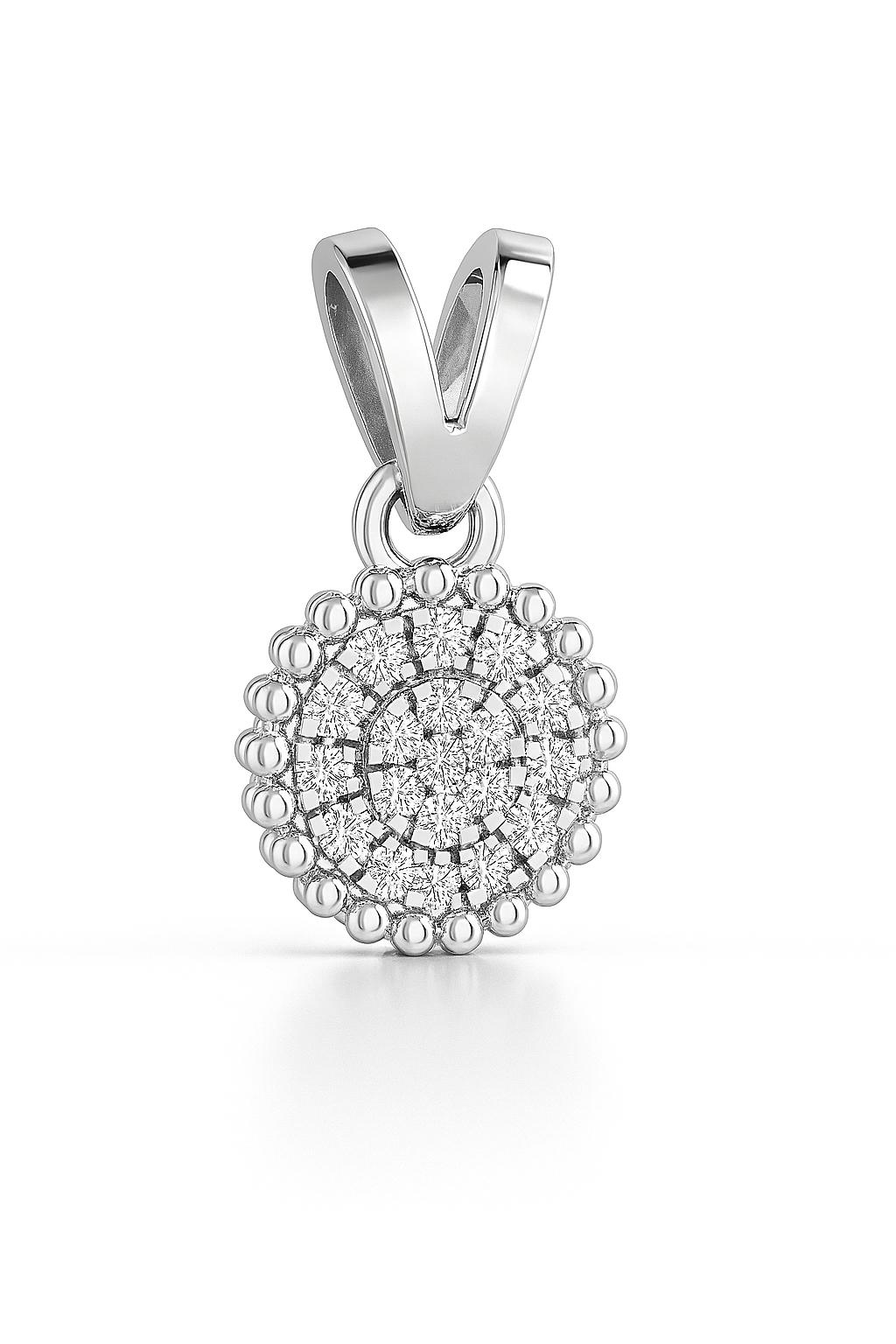 Silver pendant with intricate design on a white background