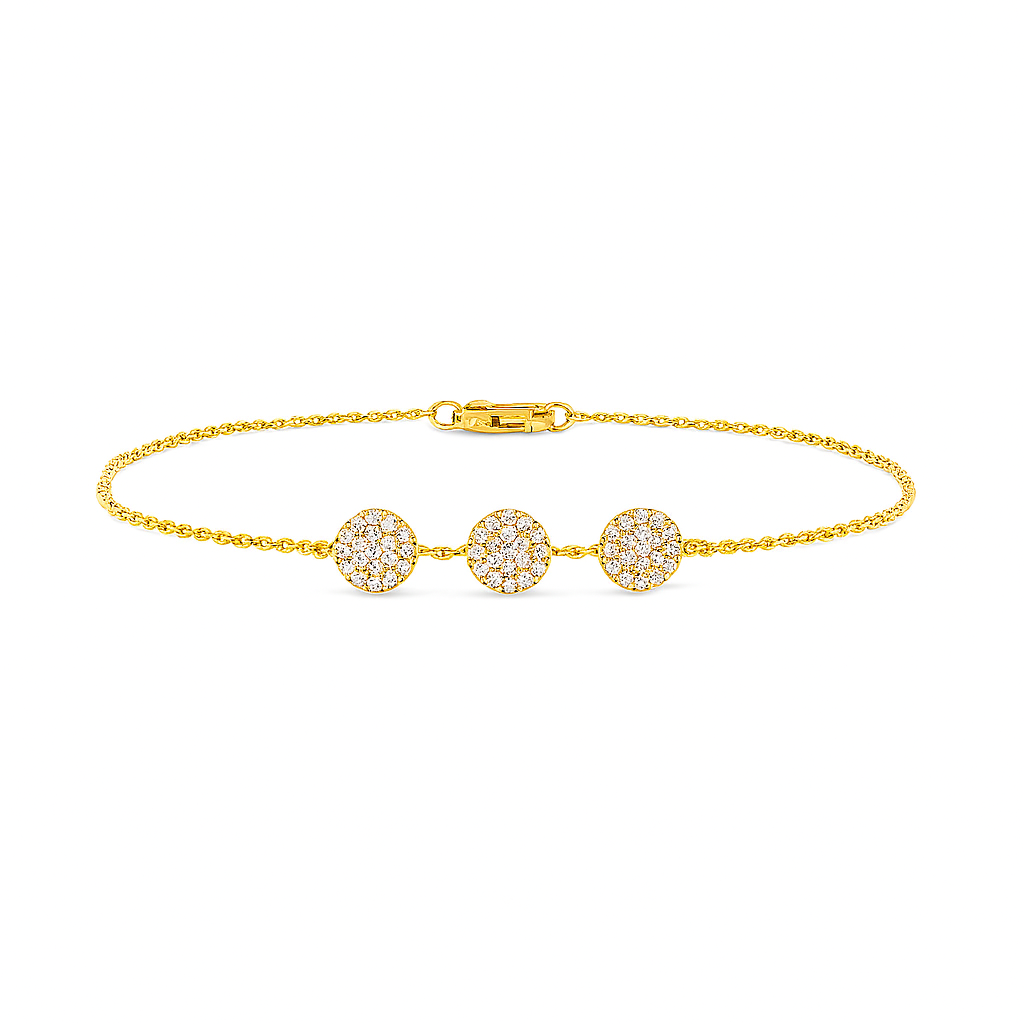 Gold bracelet with three diamond-studded charms on a white background