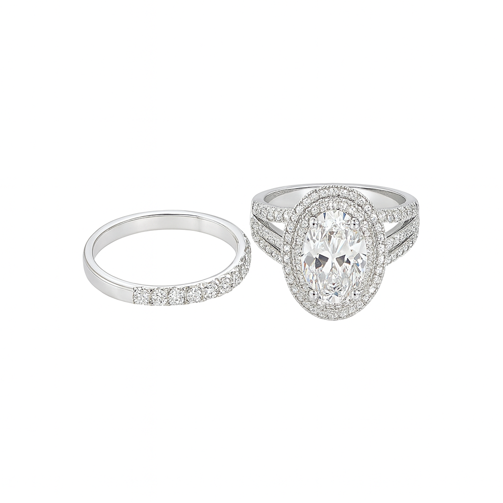 Two diamond rings on a white background