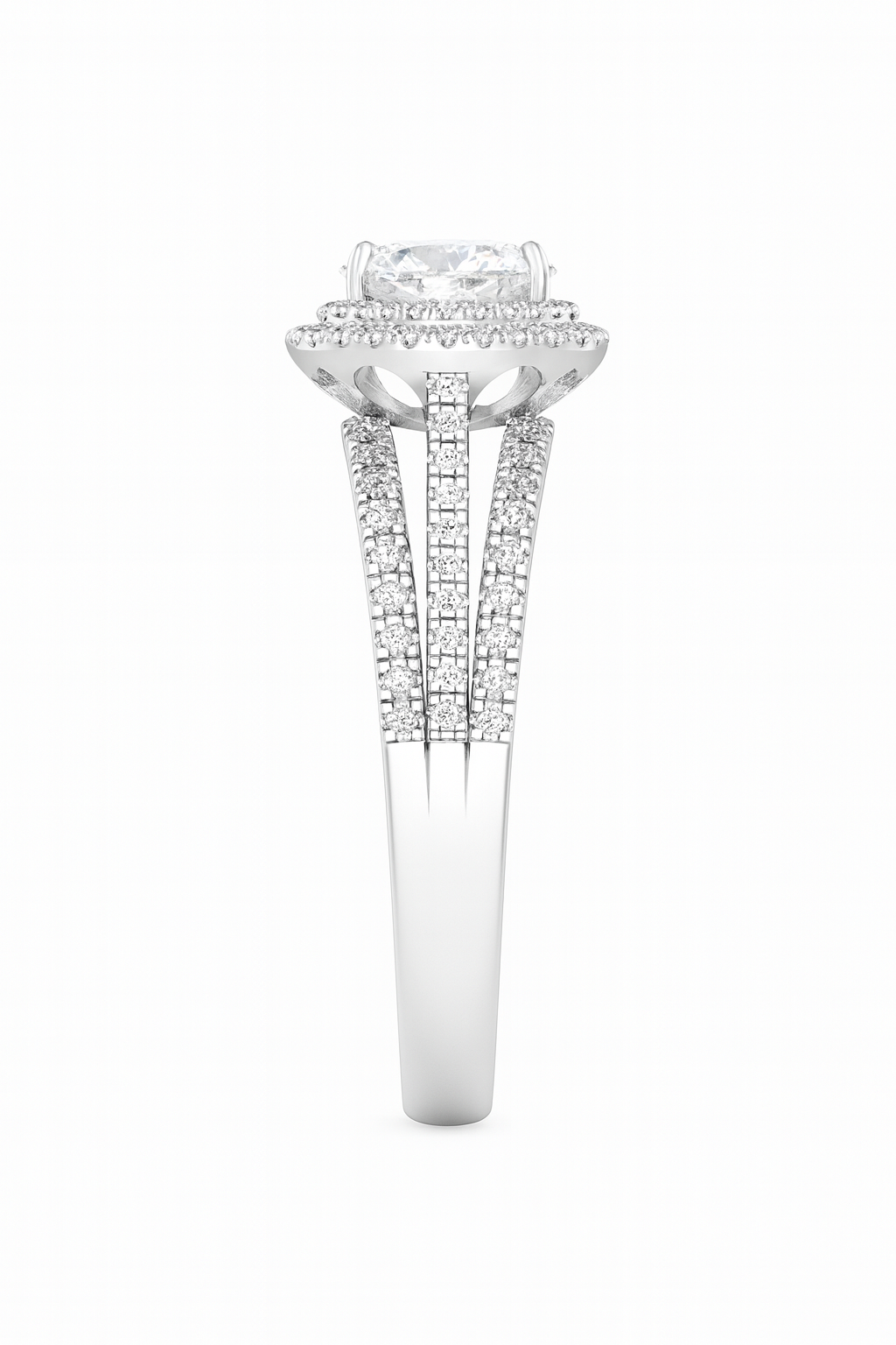Diamond ring with a central gemstone and smaller diamonds on a white background