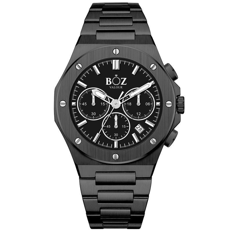 A black BOZ Valour watch with a stainless steel bracelet and folding clasp, featuring a matte ceramic bezel and a sapphire crystal glass dial.