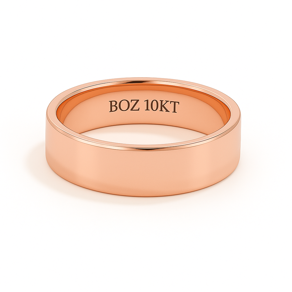 Rose gold ring with 'BOZ 10KT' engraving on a white background
