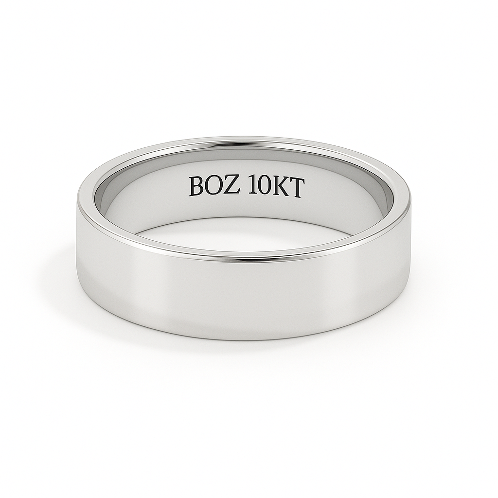 Silver ring with 'BOZ 10KT' engraving on a white background