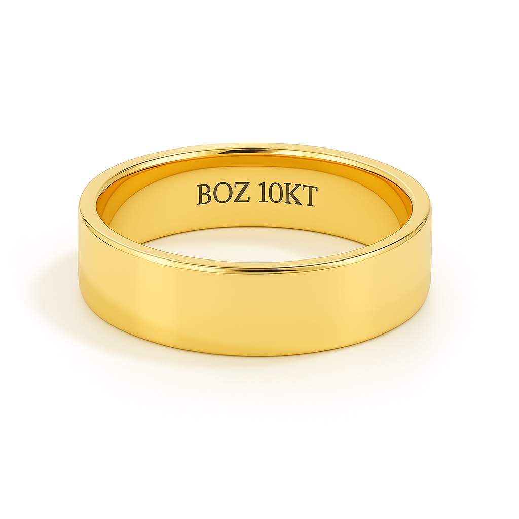 Gold ring with 'BOZ 10KT' engraving on a white background