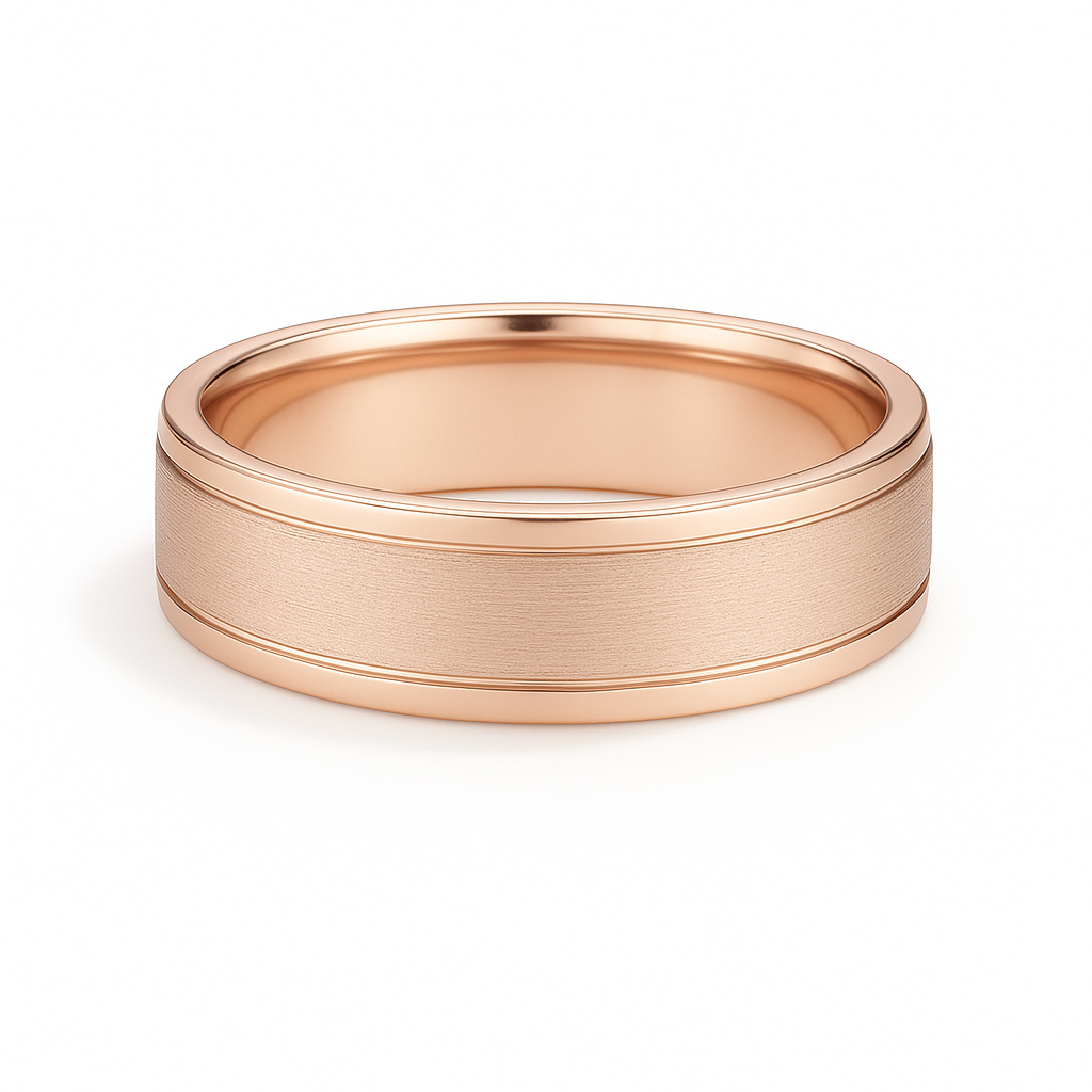 Rose gold ring with a brushed finish on a white background