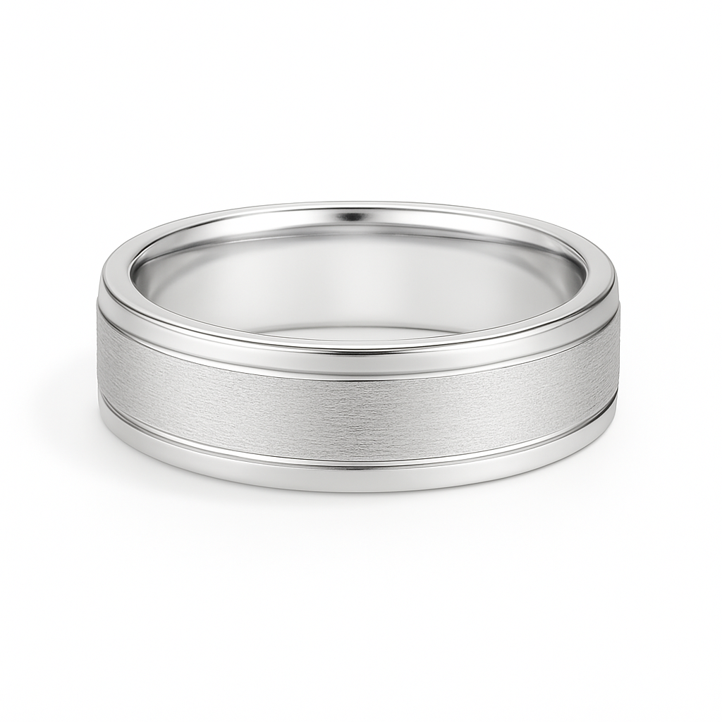 Silver ring with a brushed finish on a white background