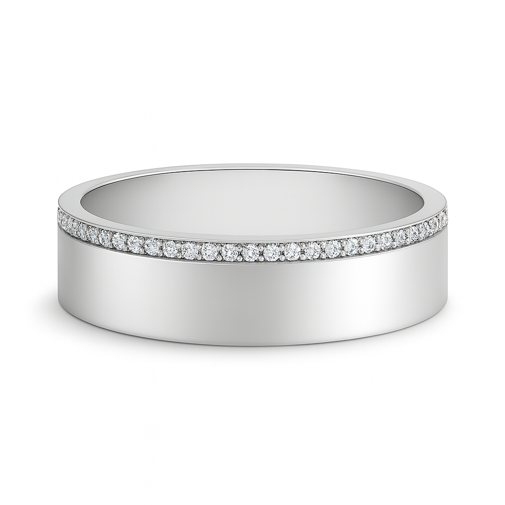 Silver ring with small diamonds on a white background