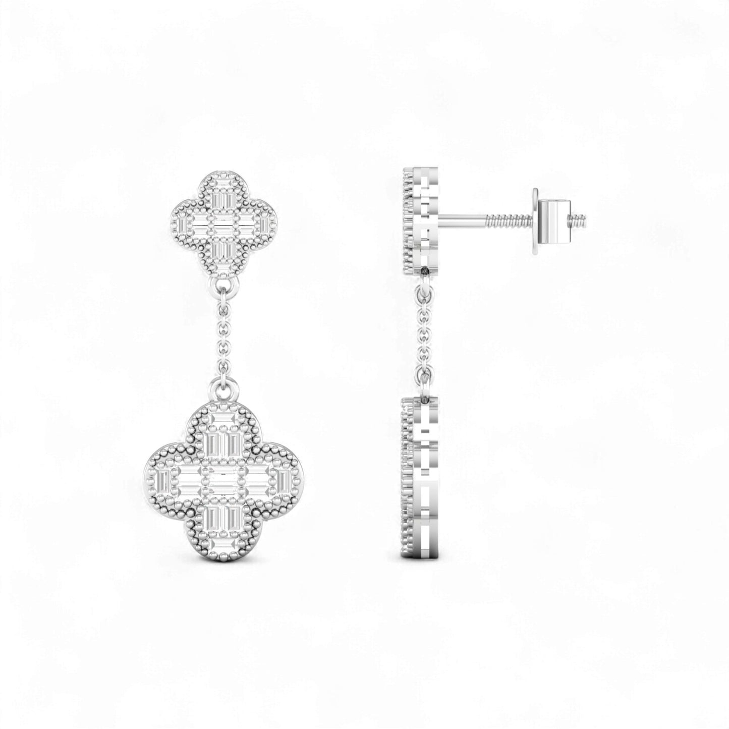 Pair of silver earrings with intricate designs on a white background