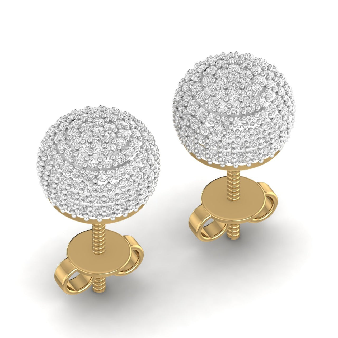 Gold earrings with round, diamond-studded balls on a white background
