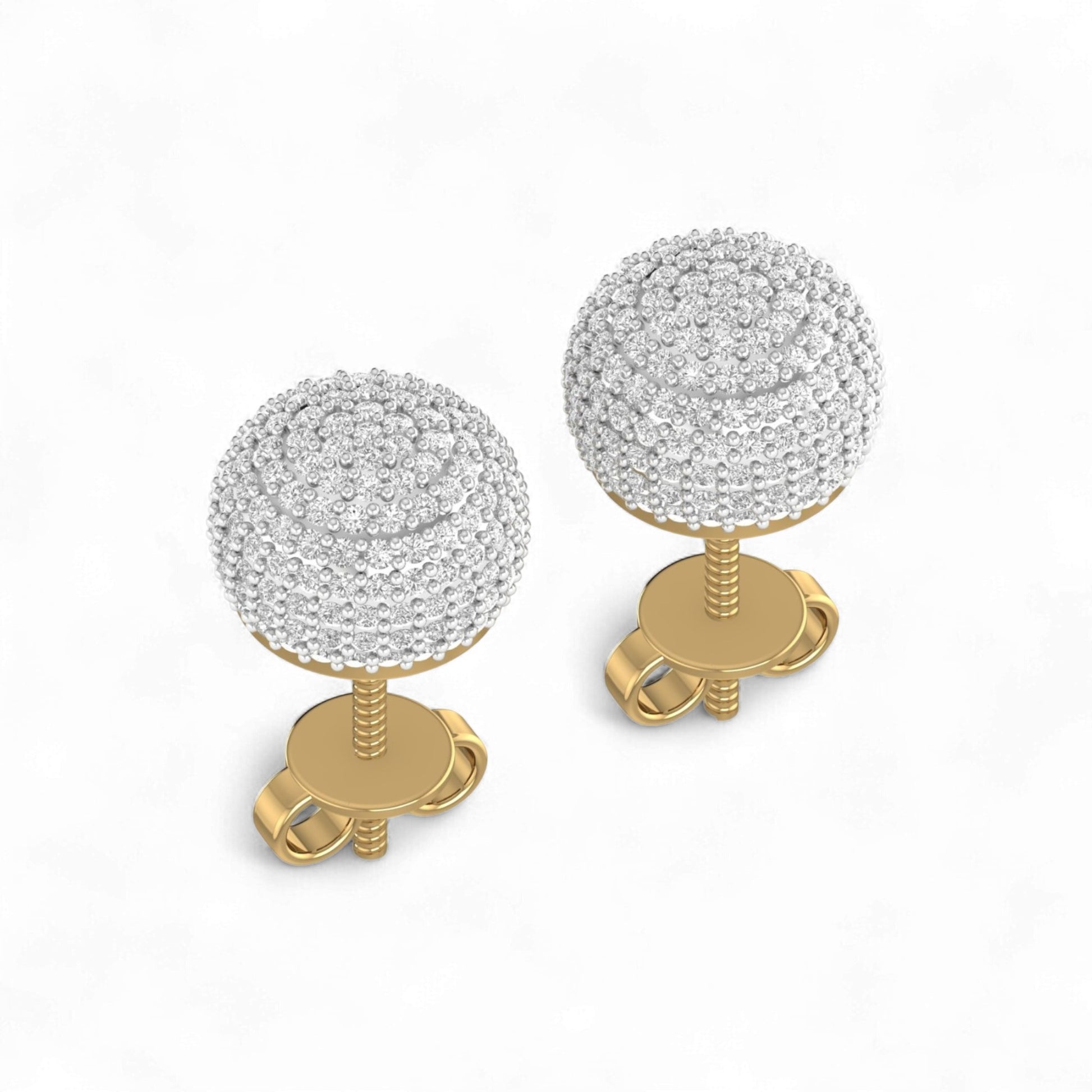 Pair of spherical earrings with gold posts on a white background