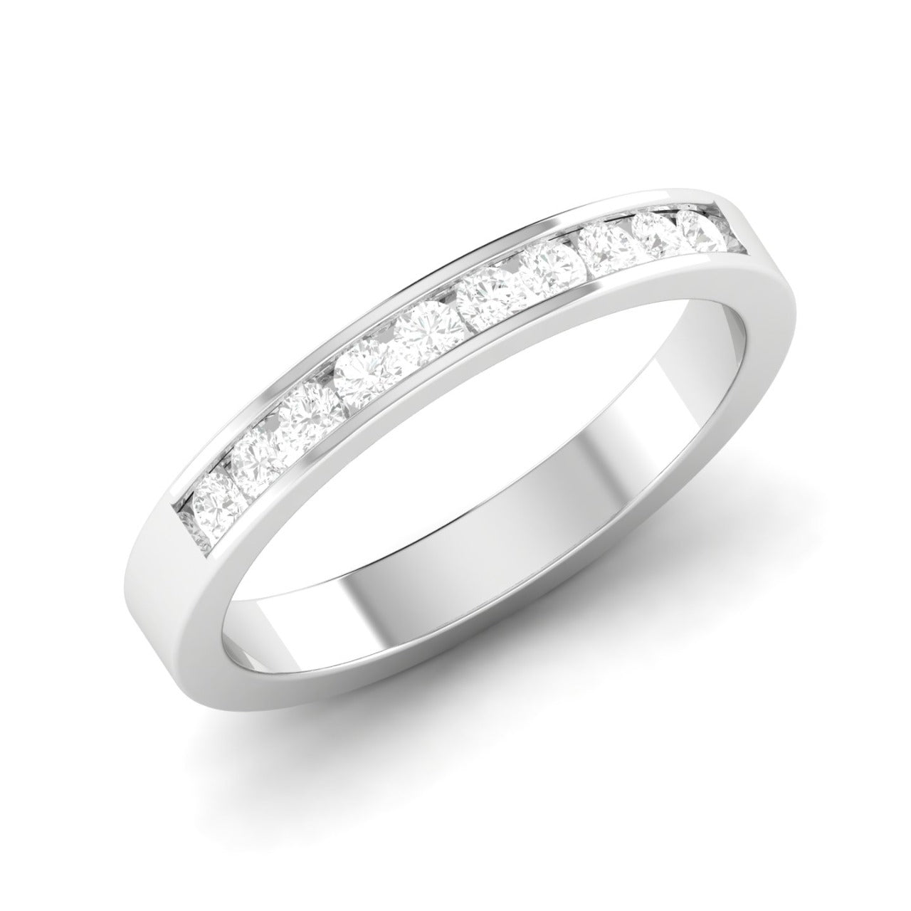 Silver ring with small diamonds on a white background