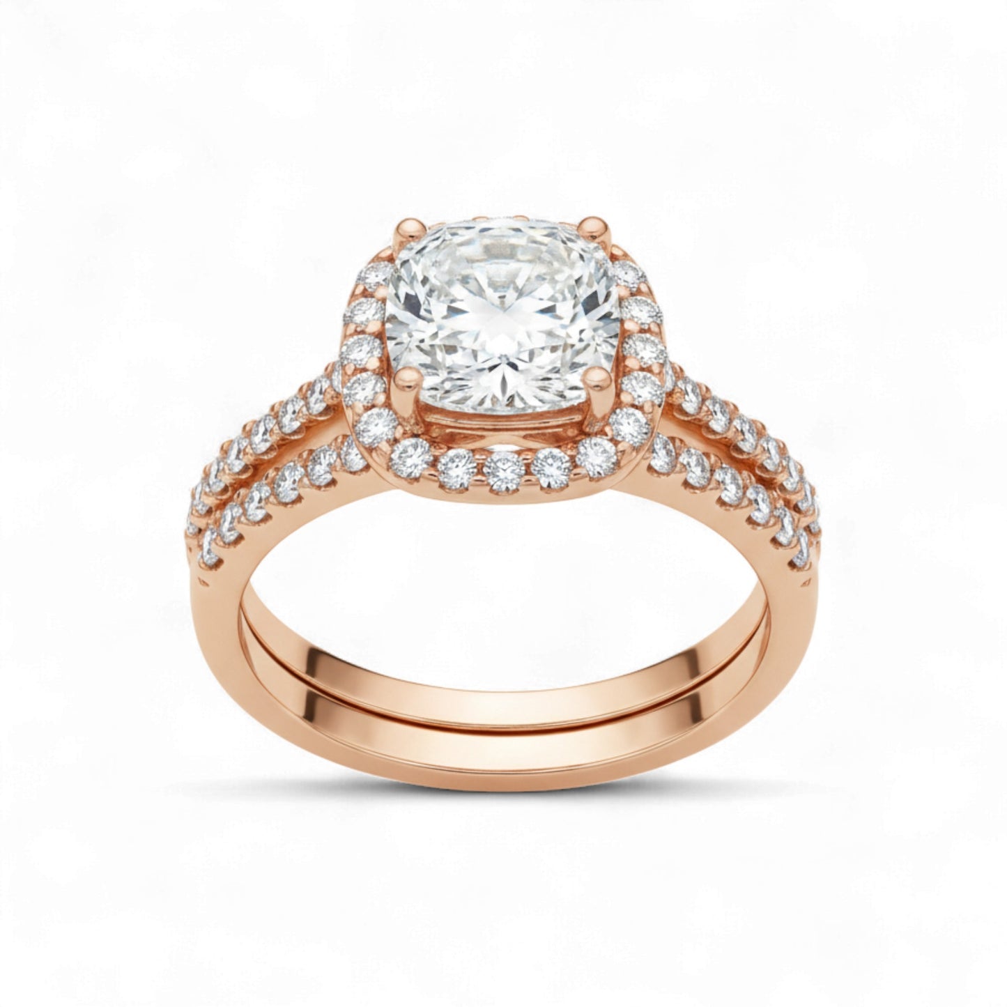 Rose gold ring with a large diamond and smaller diamonds on the band against a white background