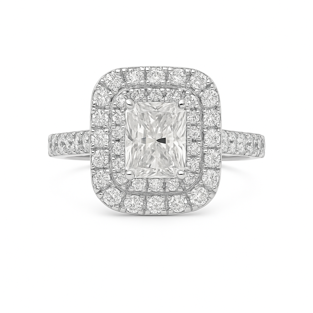 Diamond ring with a central gemstone and surrounding diamonds on a white background