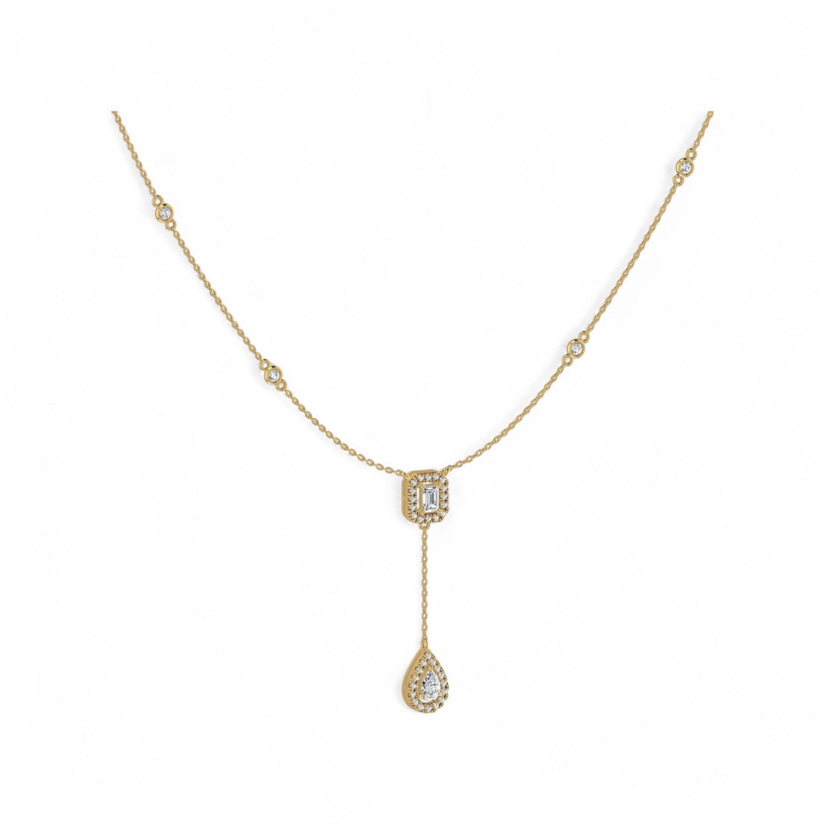 Gold necklace with a teardrop-shaped pendant on a white background