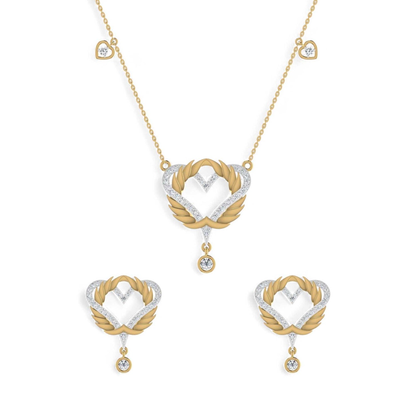 Gold and silver heart-shaped necklace and earrings on a white background