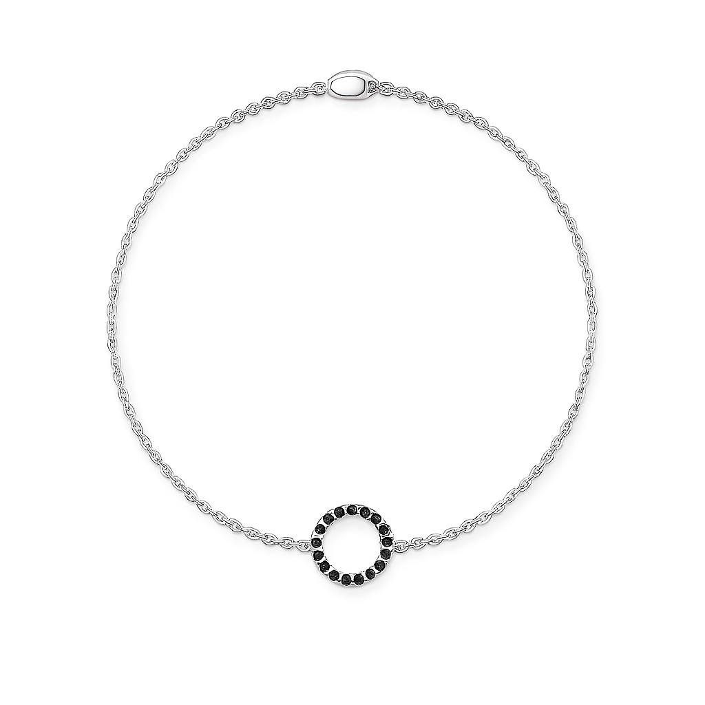 Silver bracelet with a black circular charm on a white background