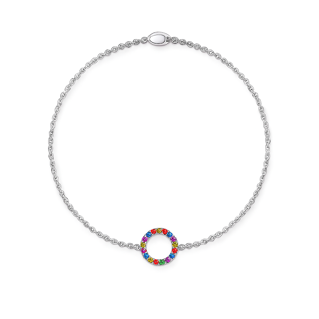 Silver bracelet with a colorful circular charm on a white background