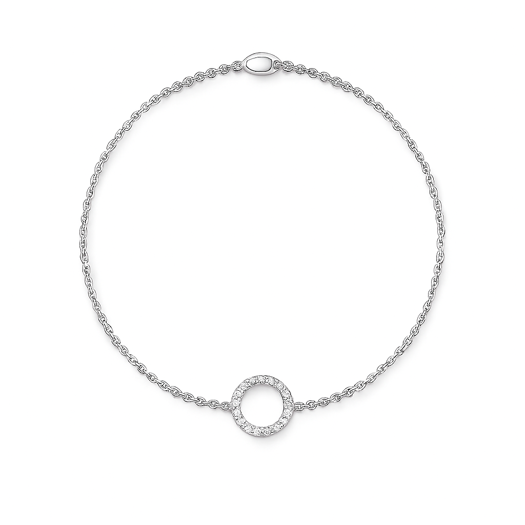 Silver bracelet with a circular pendant on a white background