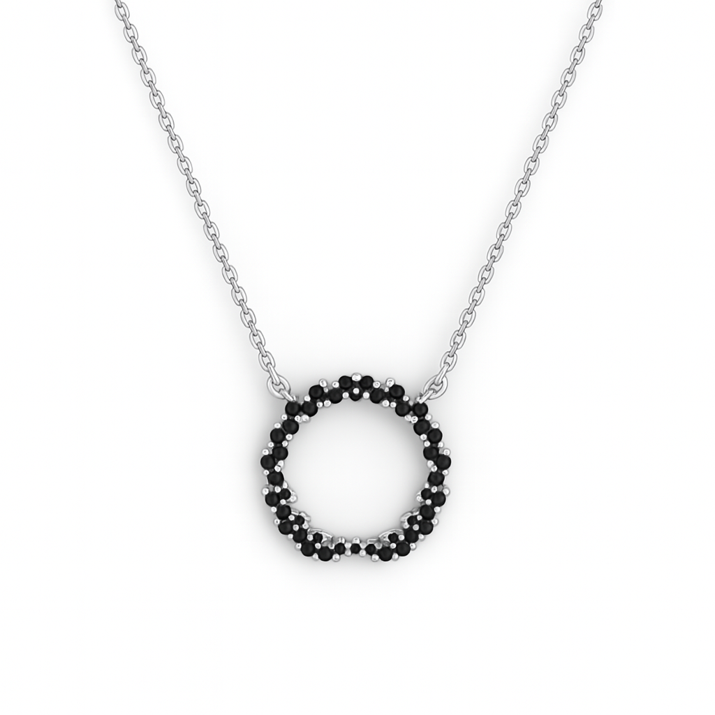 Necklace with a circular pendant made of black beads on a white background