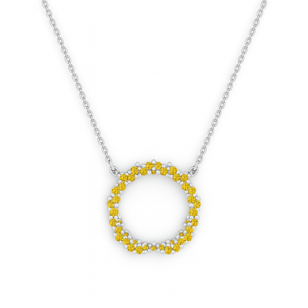 Necklace with a yellow circular pendant on a white background